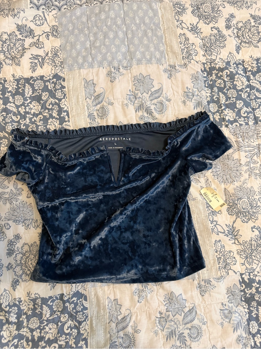 Aeropostale Blue Velvet Off-Shoulder Ruffle Top